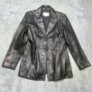 Vintage Worthington Jacket Womens M Black Lambskin Leather 3 Button Blazer *SPOT